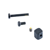 Drop-In Offset Leg Rest Hanger for Quantum Synergy Seating: close-up of screws, bolts, and a square block included in the assembly, featuring detailed views of individual fasteners and components.