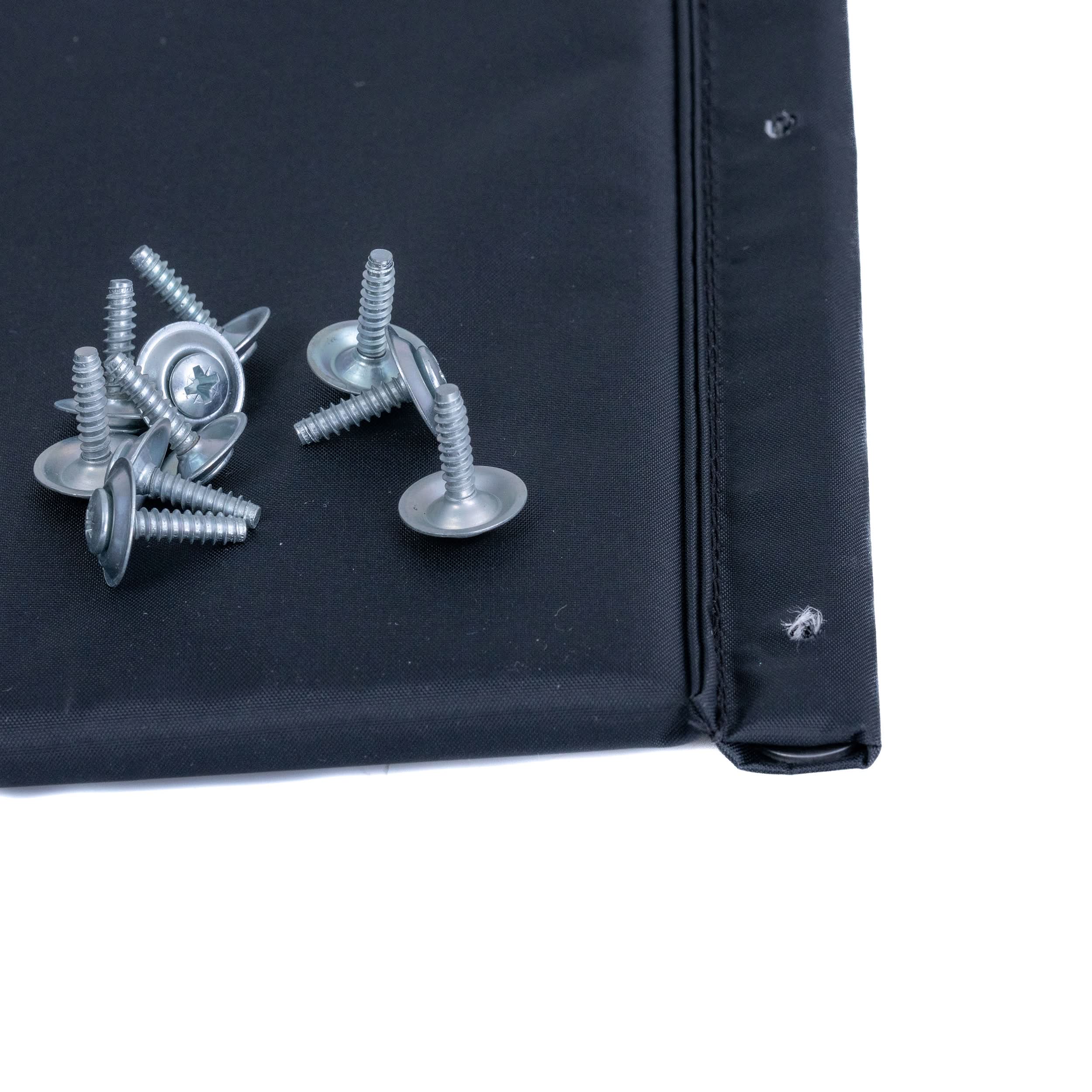 22x16 Black Nylon Seat Back Upholstery for Invacare Tracer Wheelchairs, displayed with included oval-head screws and washers on a black surface.
