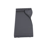 Left Full Length Fixed Height Clothing Guard for Invacare Tracer & 9000 Series Wheelchairs: A black plastic shield with a circular hole, designed to mount under the armrest pads for rider protection.