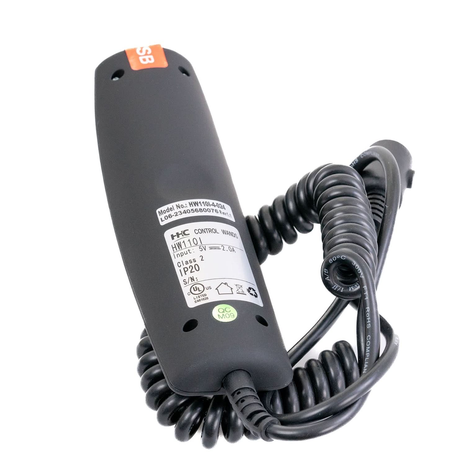 12-Button Hand Control for Pride Radiance Series Lift Chairs, featuring a black corded telephone receiver design, circular 5-pin connector, and a front USB port.