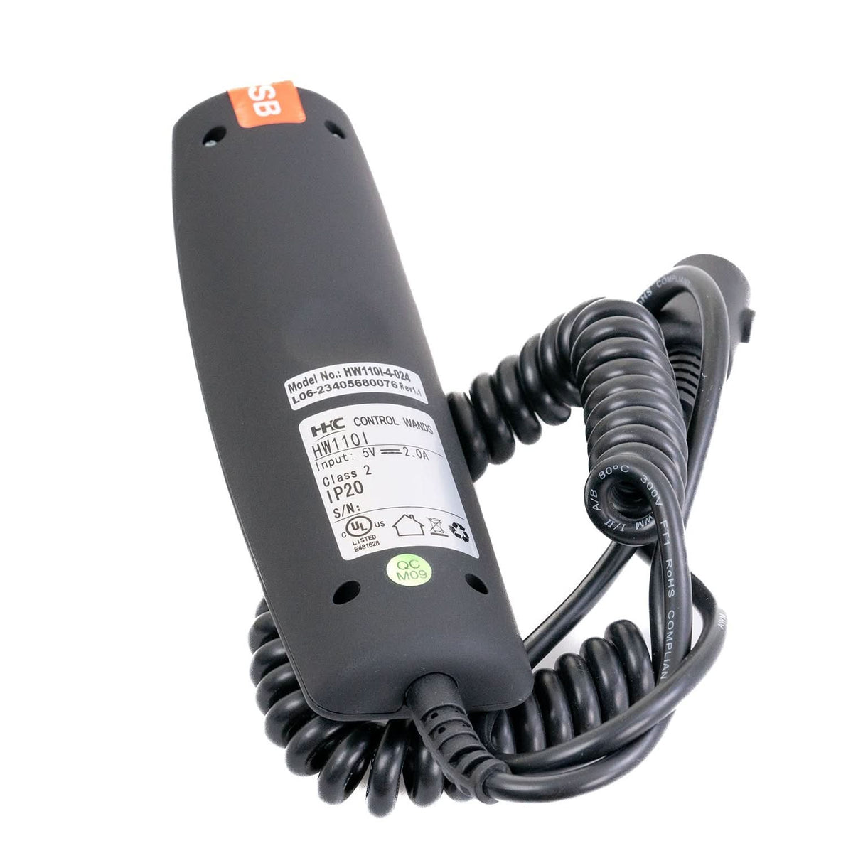 12-Button Hand Control for Pride Radiance Series Lift Chairs, featuring a black corded telephone receiver design, circular 5-pin connector, and a front USB port.