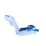 Seat for the Dynacraft Disney Princess Cinderella 24V Carriage featuring a blue and white design with two seatbelts, suitable for two small children.