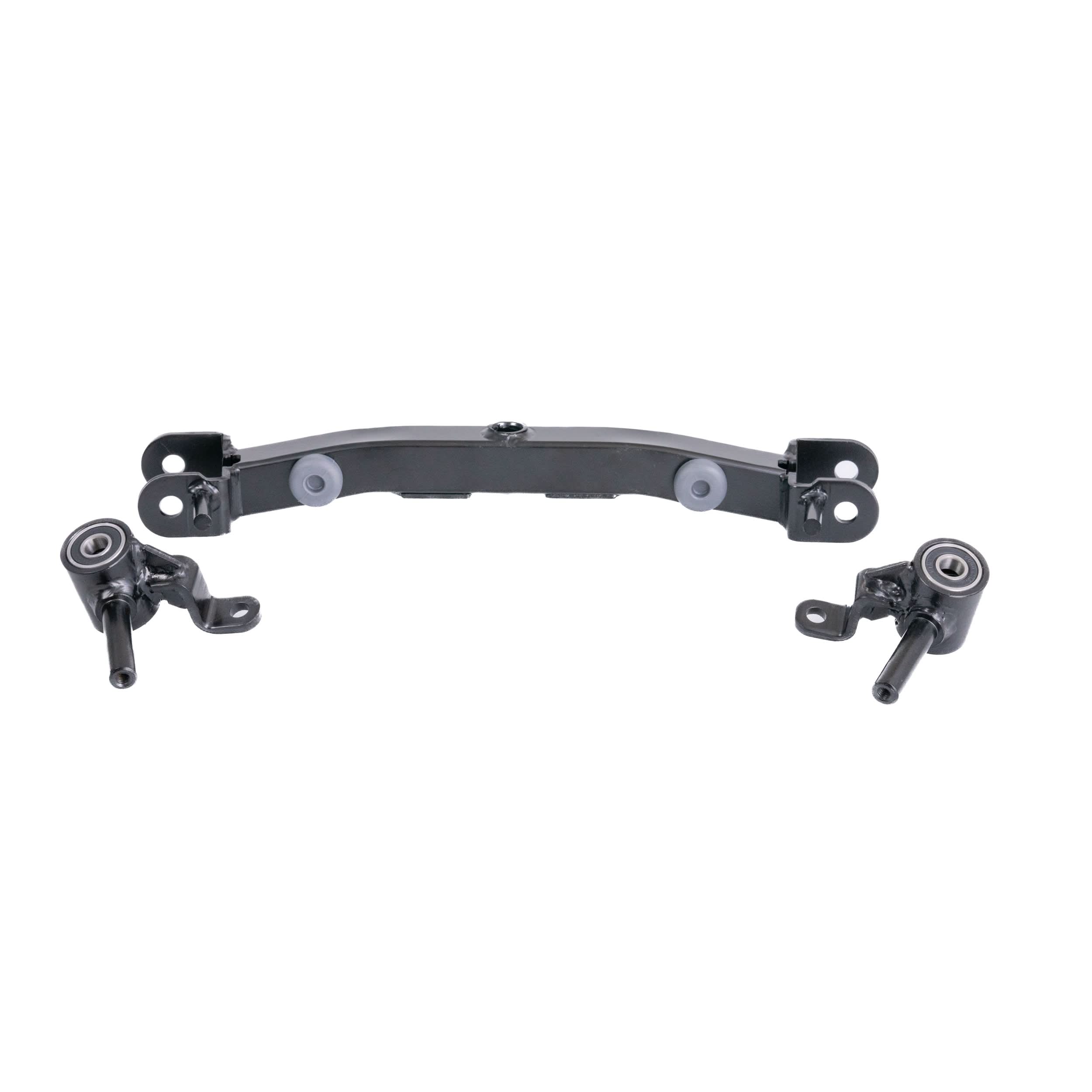 Front Axle Assembly for Jazzy Zero Turn & Pride Zero Turn 8 Mobility Scooters, featuring a metal frame with screws, tie rods, ball bearings, and necessary hardware for replacement.