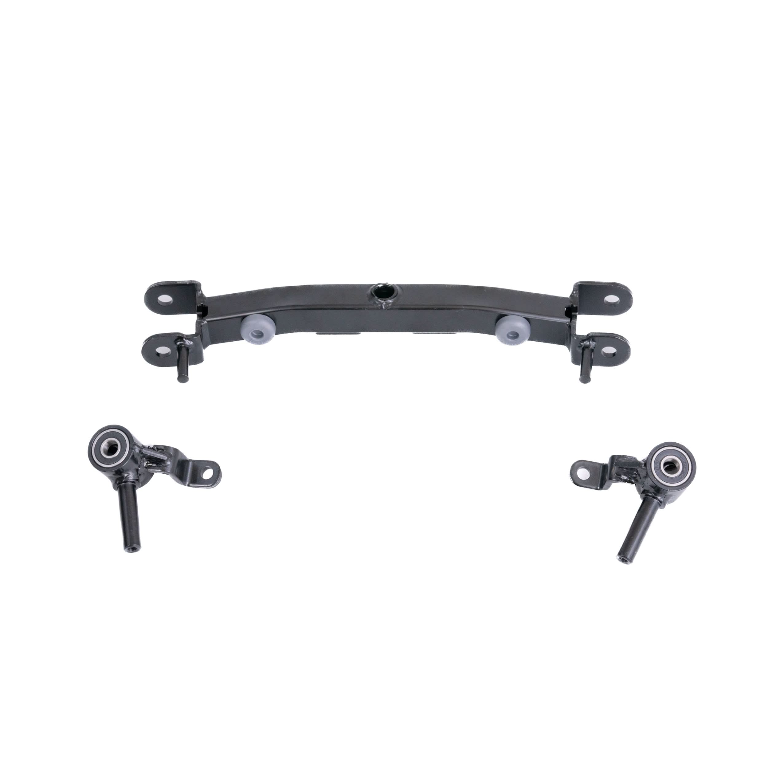Front Axle Assembly for Jazzy Zero Turn & Pride Zero Turn 8 Mobility Scooters, featuring a metal frame with screws, black metal components with holes, and black and silver wheels.