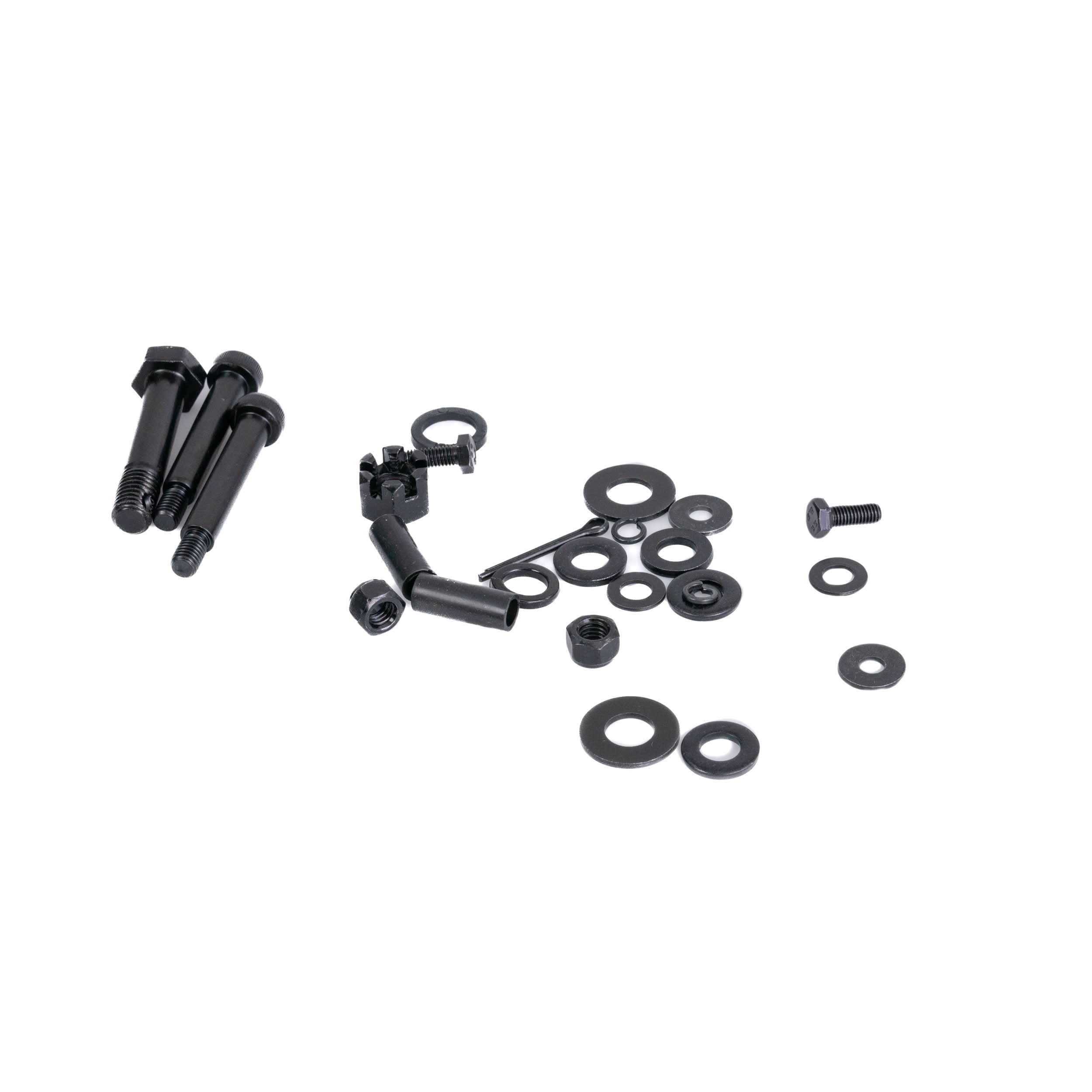 Front Axle Assembly for Jazzy Zero Turn & Pride Zero Turn 8 Mobility Scooters, featuring black metal parts including bolts, nuts, washers, and spacers, essential for replacing the front axle.