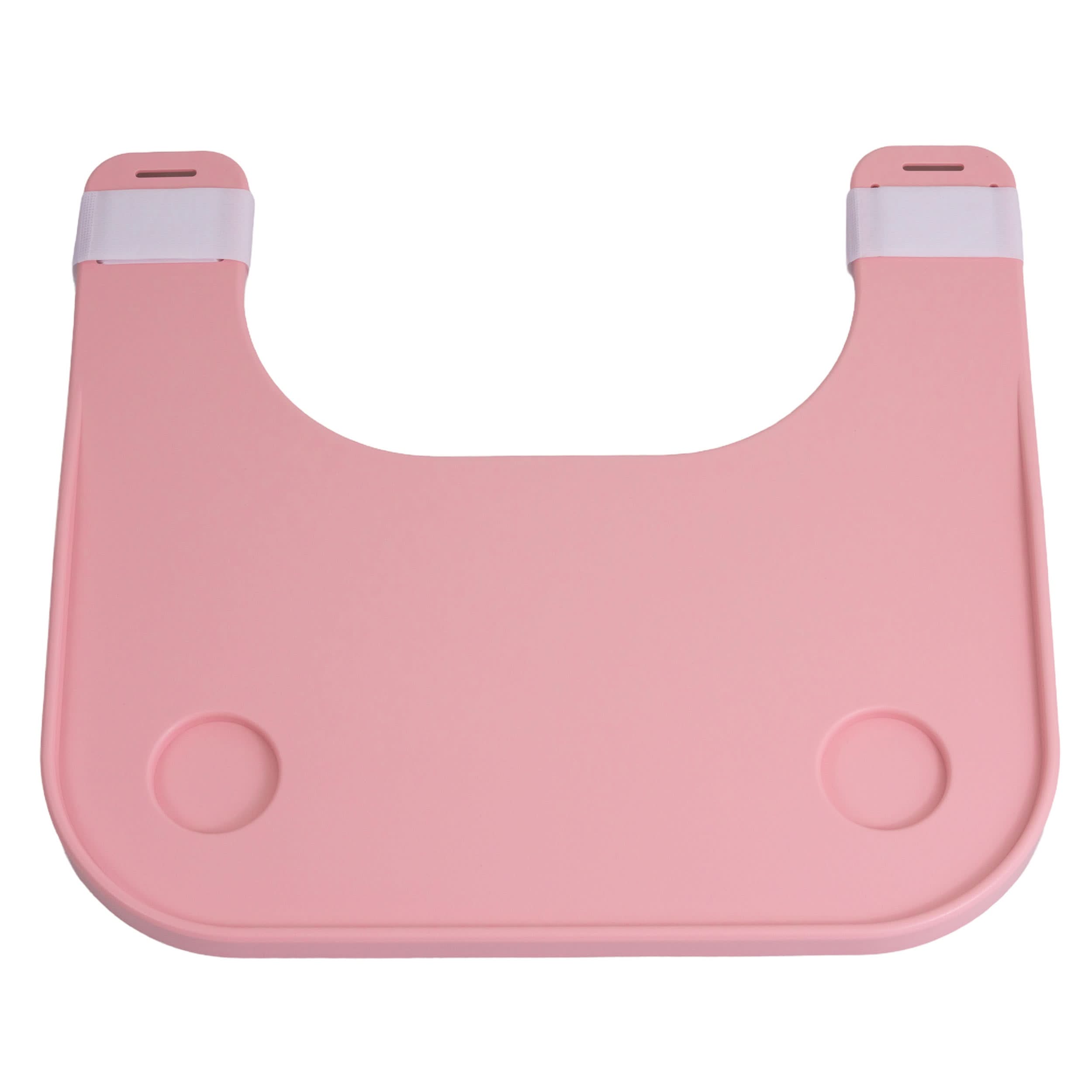 Plastic Tray Table for Wheelchairs: A durable pink plastic bib with two holes, designed for easy attachment to wheelchair armrests, providing a sturdy surface for various activities with a built-in cup holder.