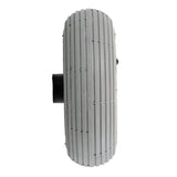 Close-up of 9x3 (2.80/2.50-4) Pneumatic Front Wheel with Ribbed Tread for Rascal Scooters & Power Chairs, featuring a grey metal body, black round base, inner tube, and 4-spoke rim with bearings.