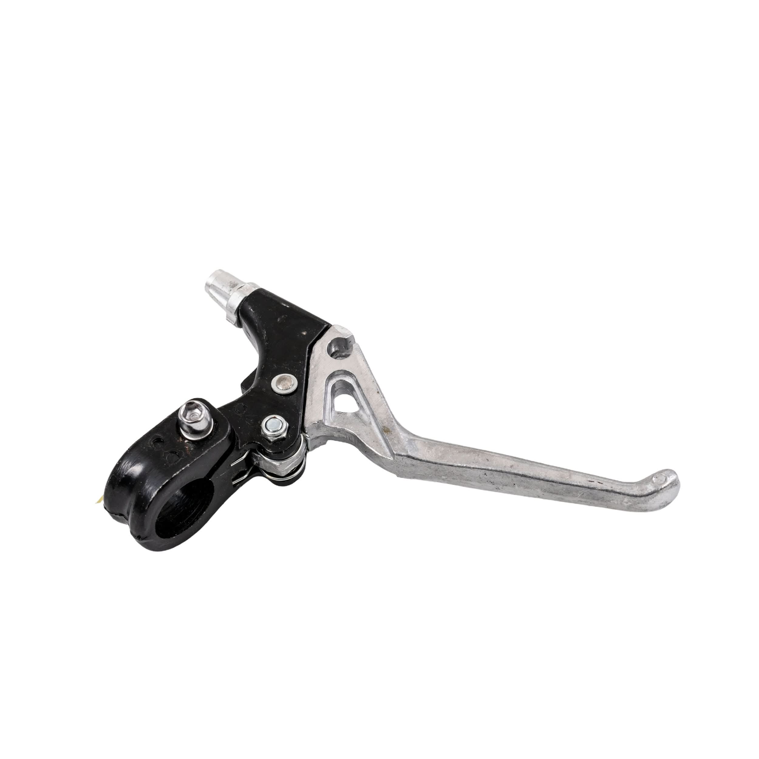 Clutch Lever for 48cc - 80cc 2-Stroke Bicycle Engine Kits mounted on a handlebar, showing a close-up of the black and silver lever mechanism and attached nut.