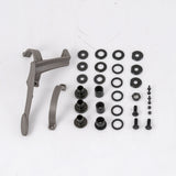 Left Motor and Gearbox Assembly with Freewheel and Mounting Hardware for the Jazzy Select, featuring various sizes of nuts, bolts, and black round metal components with holes, displayed on a white surface.