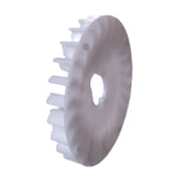 Flywheel Cooling Fan for the Predator 212cc GHOST Racing Engine, showing a white plastic gear with a central elliptical hole and 34 fins, designed to attach to the flywheel for cooling.
