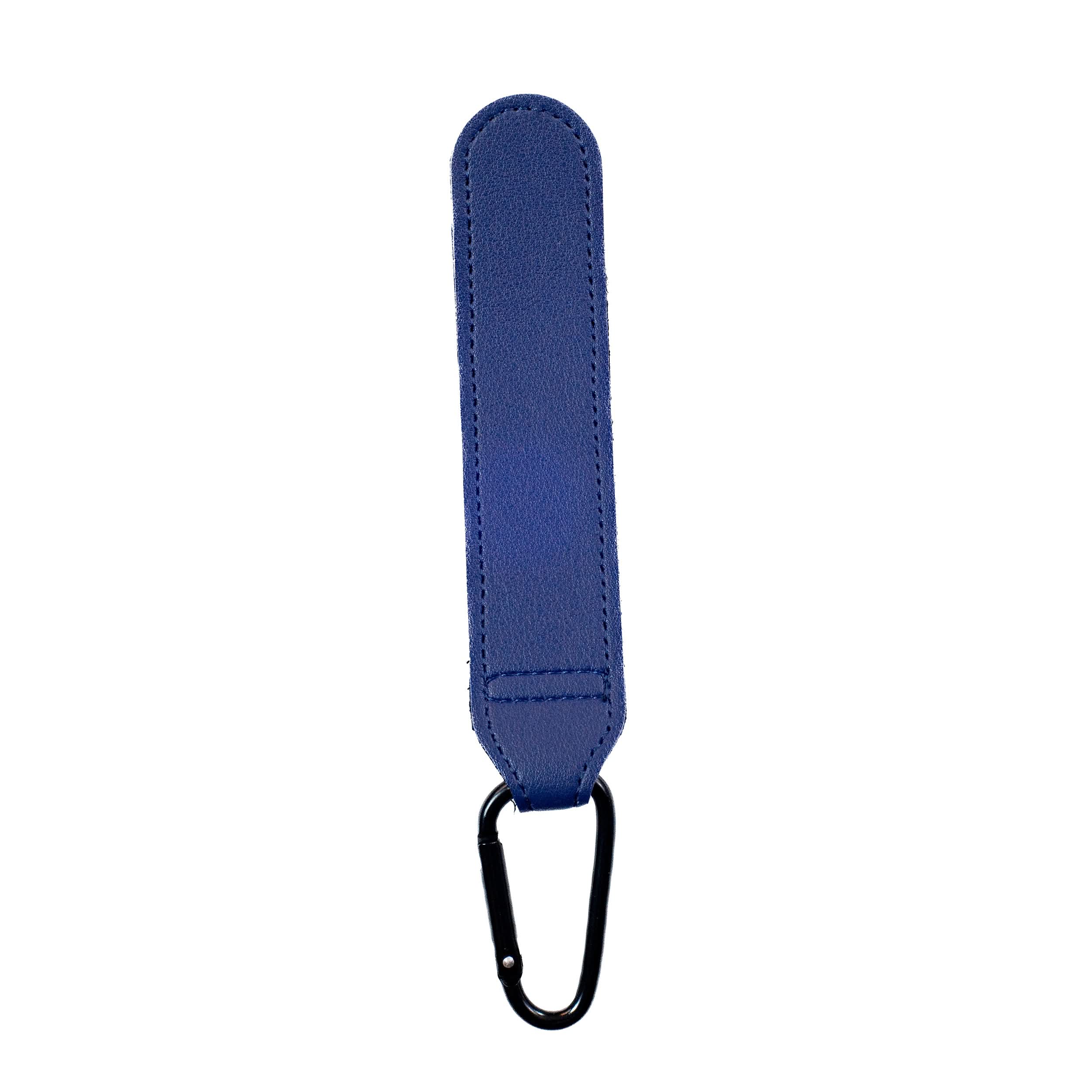 Blue Leather Clip Organizer for Wheelchairs, Walkers, & Rollators (Set of 2) featuring blue leather straps with black carabiners, ideal for attaching keys, fobs, and bags to mobility aids.