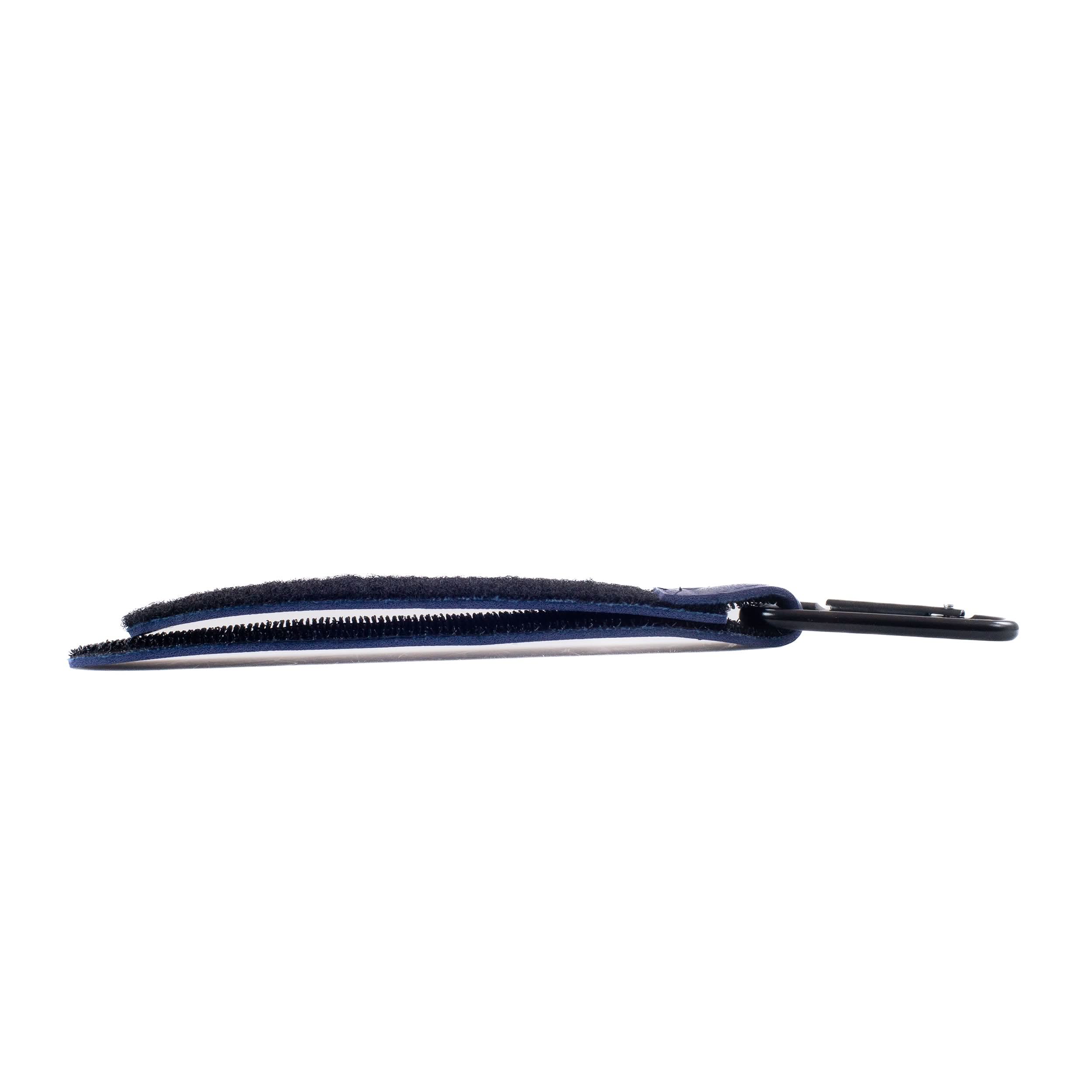 Blue Leather Clip Organizer for Wheelchairs, Walkers, & Rollators (Set of 2) showing a close-up of the blue leather strap with hook & loop fastening and attached carabiner.