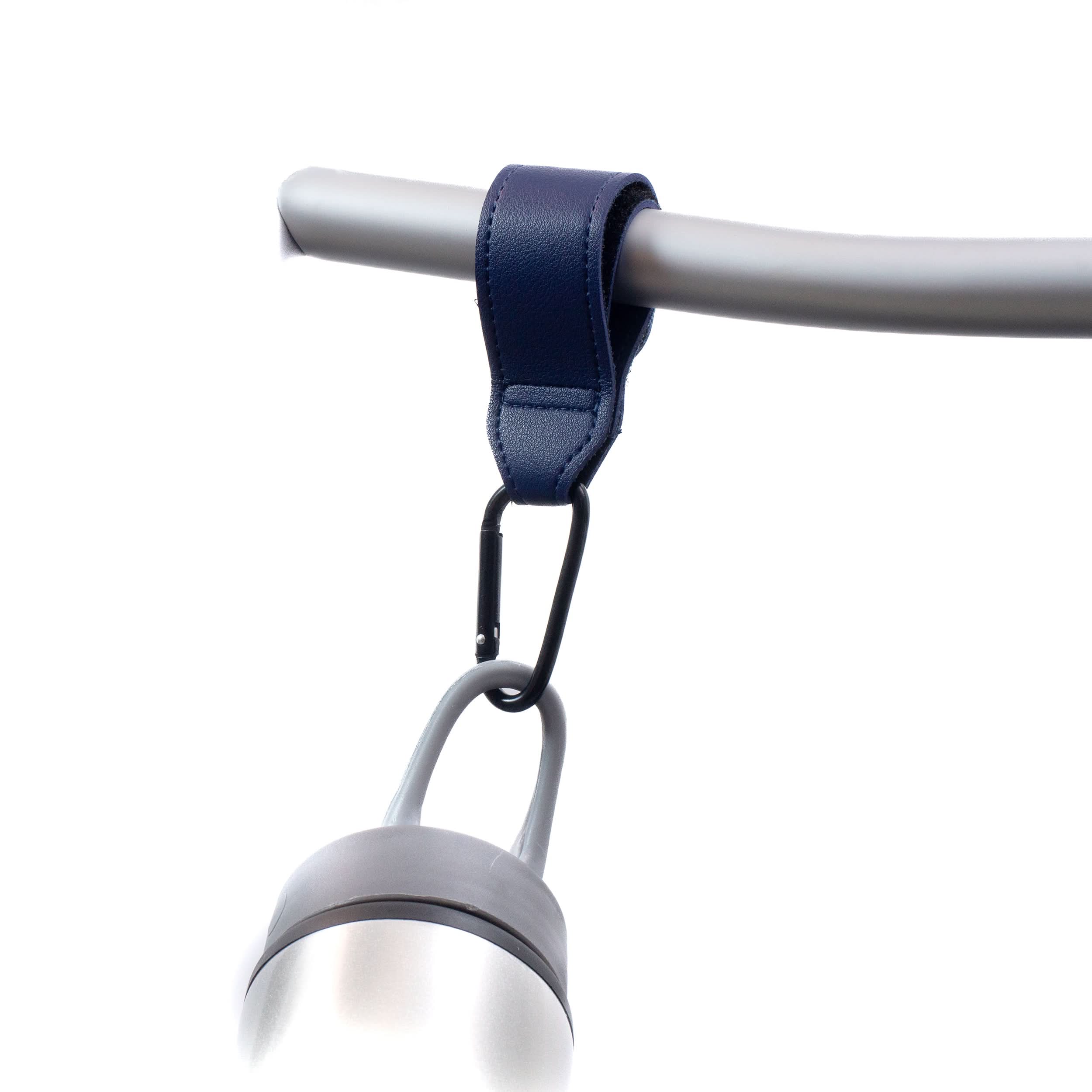 Blue Leather Clip Organizer for Wheelchairs, Walkers, & Rollators (Set of 2) featuring a close-up of the blue leather strap with hook & loop fastening and a sturdy metal carabiner.