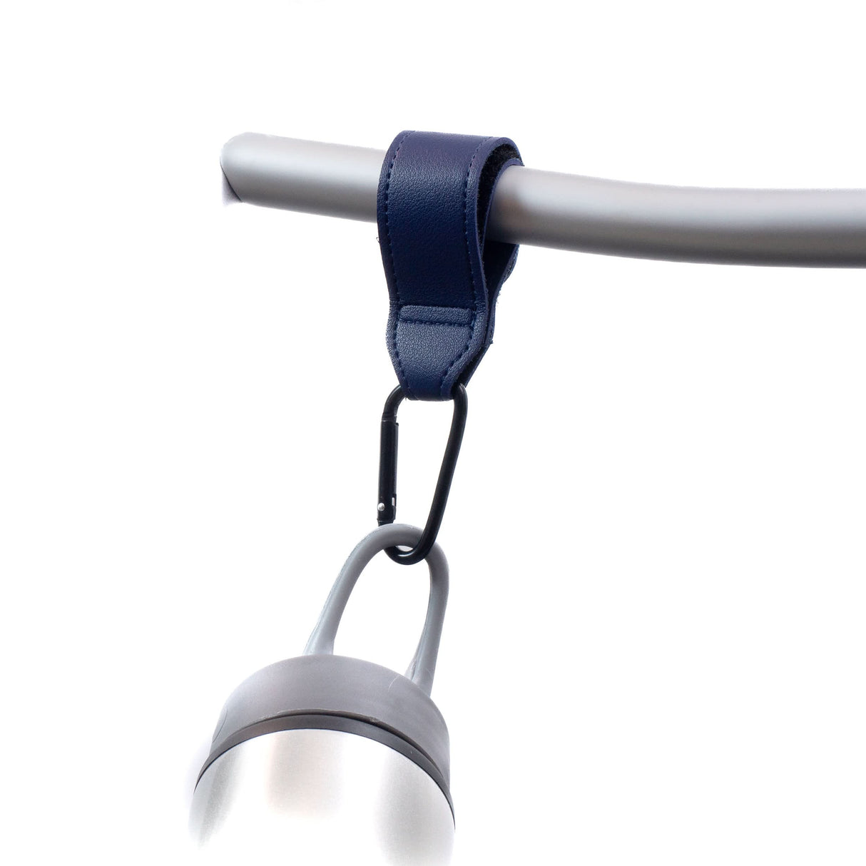Blue Leather Clip Organizer for Wheelchairs, Walkers, & Rollators (Set of 2) featuring a close-up of the blue leather strap with hook & loop fastening and a sturdy metal carabiner.
