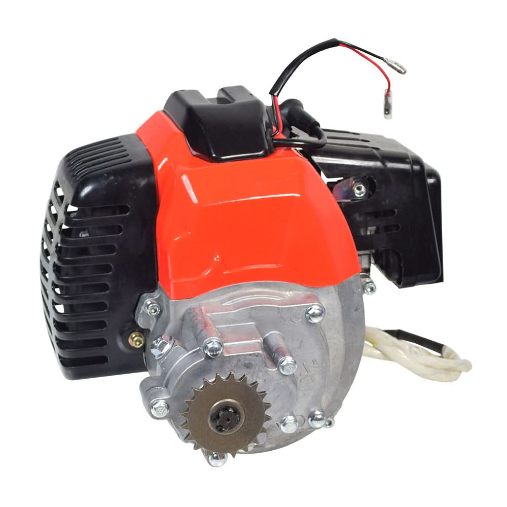49cc/52cc Scooter Engine with Electric Start (Blemished) featuring gear reduction transmission, muffler, air filter, electric starter, clutch pad assembly, and carburetor, shown close-up with visible components and assembly details.