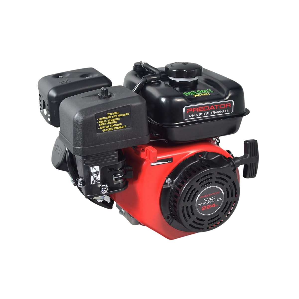 Predator 224cc 6.6 HP Go-Kart & Mini Bike Engine with a 0.90-gallon fuel tank, 3/4 output shaft, and heavy-duty recoil pull start, shown as a red and black machine.