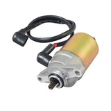 Close-up of a 12 Volt Electric Starter Motor for 50cc QMB139 Scooter Engines, featuring visible gears and a black and red cable, designed for various scooter brands.