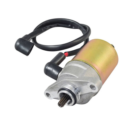 Starter Motor for the Baja Sun City 50 (SC50) 50cc Scooter showing close-up details of the motor, black and red connector cable, and gear components.