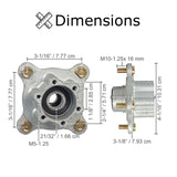 Front Wheel Hub for the Coleman BK200 Go-Kart, featuring a central hole, four stud bolts, and six bolt holes for the brake disc, shown with detailed measurements and dimensions.
