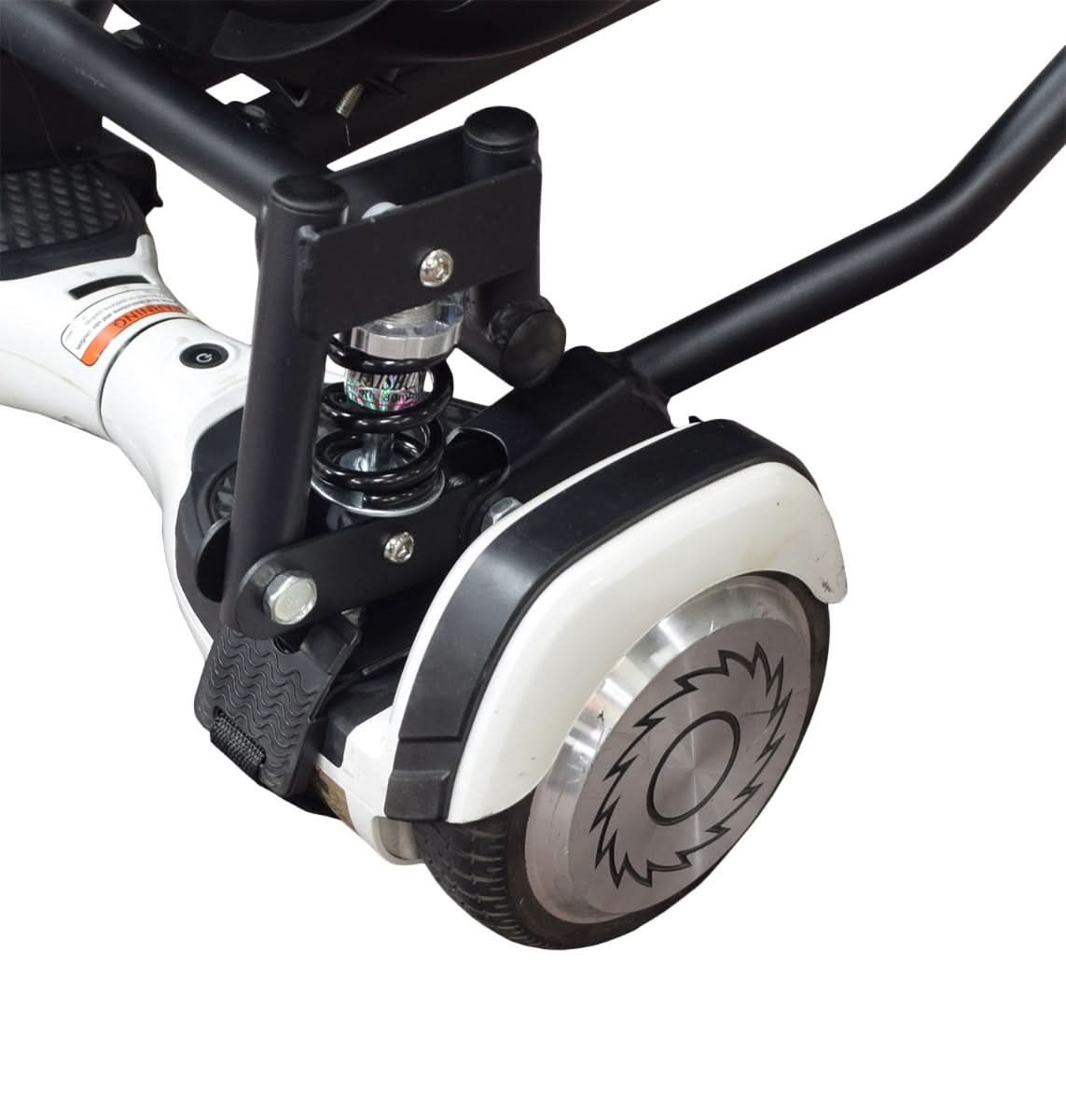 Deluxe Hoverboard Go-Kart Attachment Kit with Large Front Wheel & Suspension (Blemished) close-up showing the wheel's circular design and suspension mechanism.
