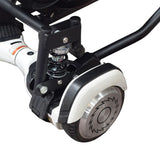 Deluxe Hoverboard Go-Kart Attachment Kit with Large Front Wheel & Suspension (Blemished) close-up showing the wheel's circular design and suspension mechanism.