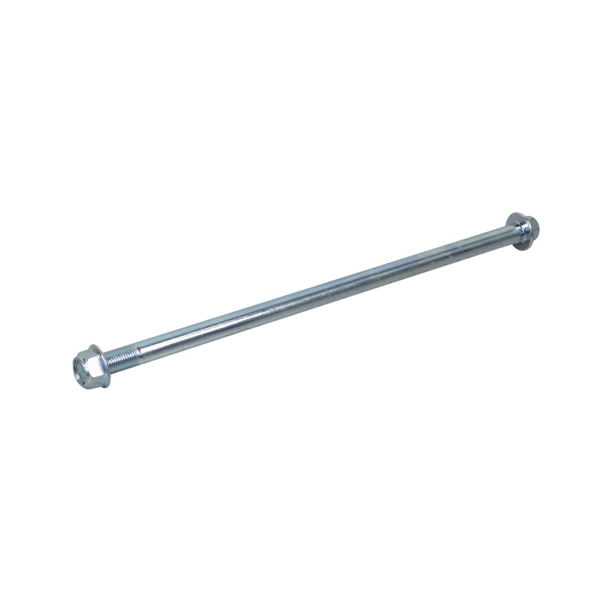 Rear Axle Bolt for the Monster Moto/Mega Moto Classic mini bikes, featuring a long metal rod with round holes and a screw, shown with close-up views of bolts and nuts.