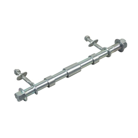 Rear Axle with Hardware for the Fit Right DB003 40cc 4-Stroke Mini Bike, showing a metal rod with nuts, bolts, spacers, and axle tensioners, essential for securing the wheel and axle assembly.
