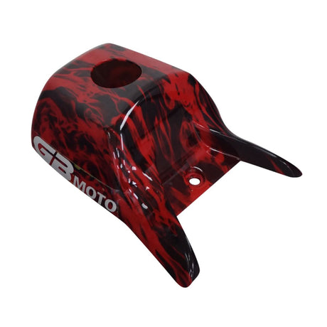 Fuel Tank Cover for the Fit Right DB003 40cc 4-Stroke Mini Bike, showing a red and black flame finish, designed to protect the bike's steel fuel tank with front and rear mounting holes.