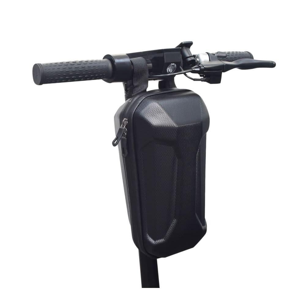 Front Handlebar Case for GOTRAX Electric Scooters, black hard-shell, mounted on a handlebar with Velcro straps, zipper closure, and internal mesh pocket for carrying essentials.