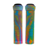 125 mm Rainbow Swirl Handlebar Grips for Bikes & Scooters, featuring bright rainbow swirls, low ramped flange, and micro-ribbed texture, providing a positive grip and supple feel.