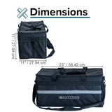 Rear Cargo Rack Insulated Bag for the Coleman KT196 Go-Kart, black with reflective safety tape, sturdy ripstop nylon, steel zippers, carrying strap, and webbing straps for secure attachment to cargo racks.