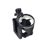 Cup & Phone Combo Holder for Bikes & Scooters, featuring a sturdy black handle and a versatile mount, designed to securely hold a cup and phone on various bike or scooter parts.