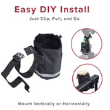Unbreakable Universal Cup Holder for Mobility Scooters, Power Chairs, & Wheelchairs, shown with a black bag featuring a white stripe, mesh pocket, and securely holding a bottle and cup.