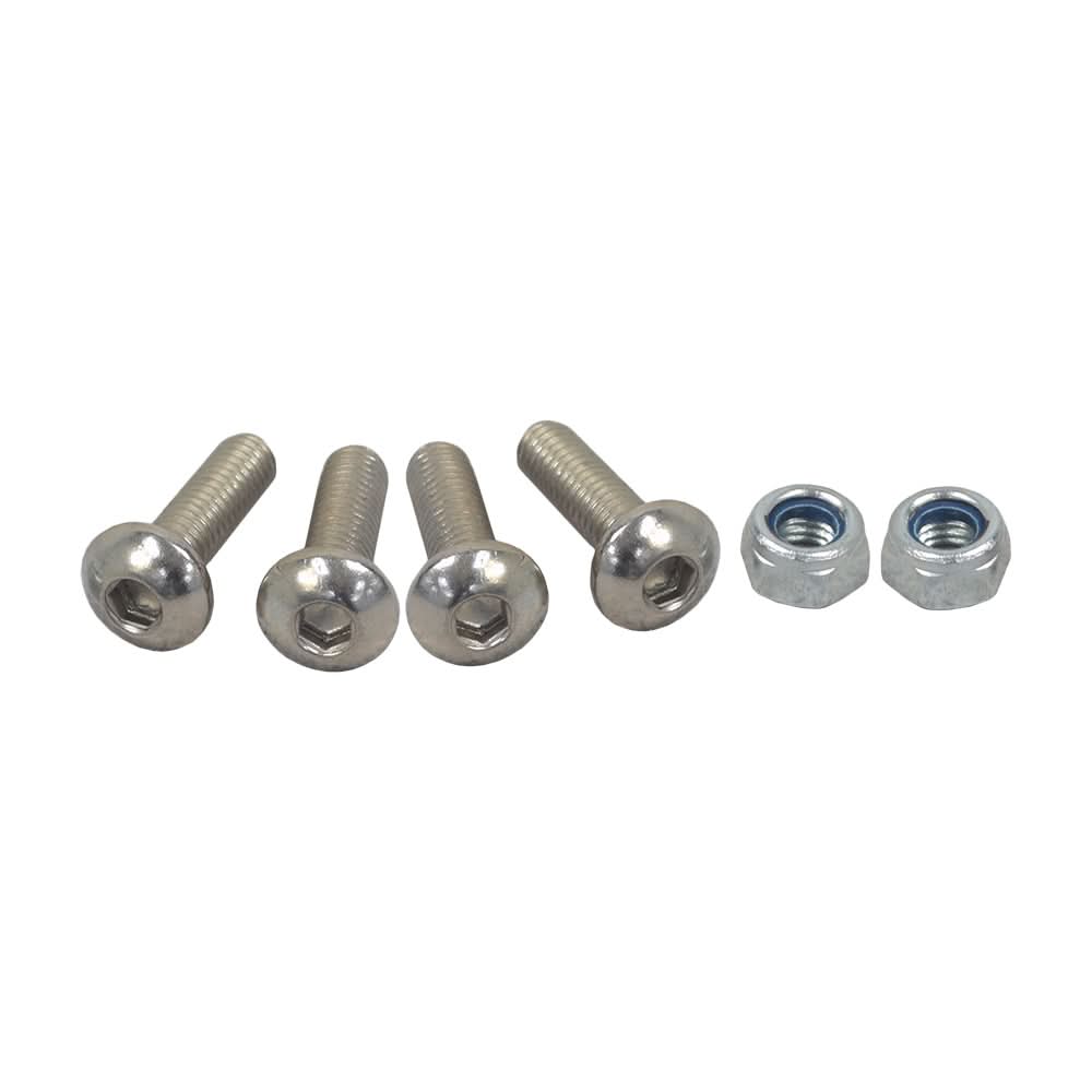 Deck Screws for the Razor EcoSmart Metro (V1+), showing a group of four metal screws and nuts. Close-up views highlight the screw threads and the hexagonal shape of the nuts.