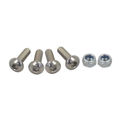 Deck Screws for the Razor EcoSmart Metro (V1+), showing a group of four metal screws and nuts. Close-up views highlight the screw threads and the hexagonal shape of the nuts.