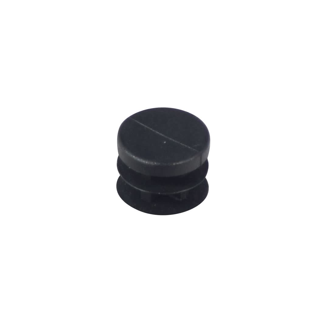 1/2 Bar End Caps for Thick Wall Handlebars – a close-up of a small, black, round plug designed to fit into the ends of handlebars or tillers, enhancing safety and aesthetics.