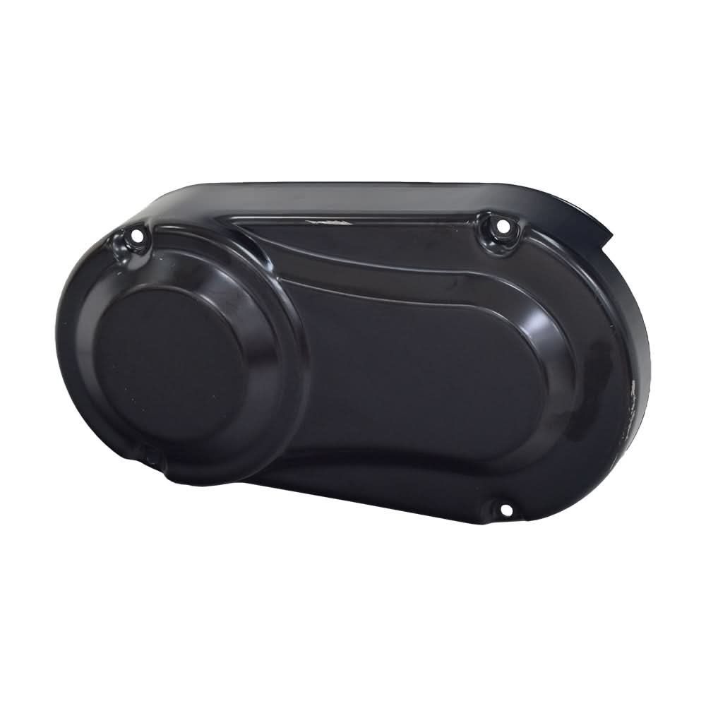 Steel Clutch Cover for the Baja Mini Bike (MB200) (Blemished) featuring a thick-walled steel design with minor scratches and scrapes, showing close-up details of its circular and perforated structure.