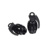 Grenade Valve Stem Cap Set (Set of 2) featuring a close-up of a black, knurled-textured grenade-shaped cap, designed to fit Schrader valves on bikes or scooters for added personal flair.