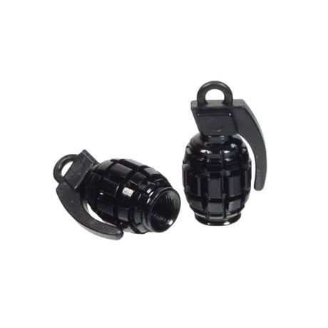 Grenade Valve Stem Cap Set (Set of 2) featuring a close-up of a black, knurled-textured grenade-shaped cap, designed to fit Schrader valves on bikes or scooters for added personal flair.