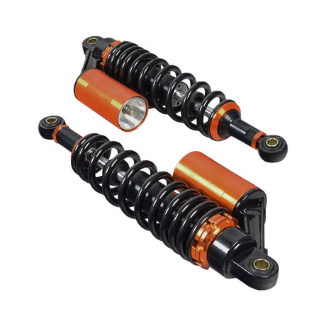 13-1/2 Adjustable Air Shocks for ATVs, Dirt Bikes & Go-Karts (Set of 2) featuring a robust black case with orange highlights and coil springs, ideal for enhancing ride quality and customization.