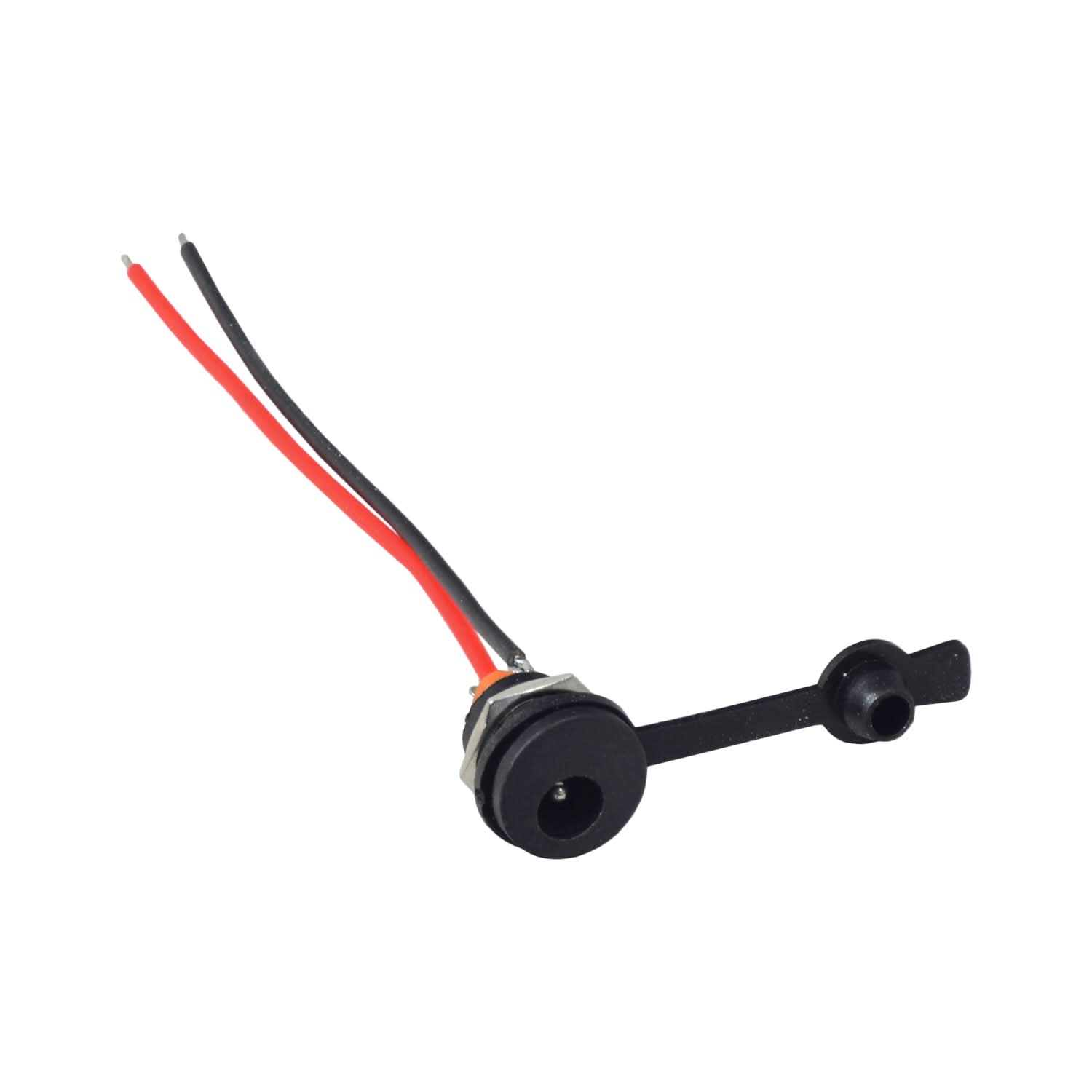 Coaxial Charging Port for Jetson® Electric Bikes featuring a black circular aperture with two attached wires.