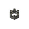 Front Swing Arm Castle Nut for the Coleman AT125-EX ATV, featuring a black metal construction with a 10mmx1.25 thread, measuring 3/8 tall and 5/8 wide, shown in a close-up view.