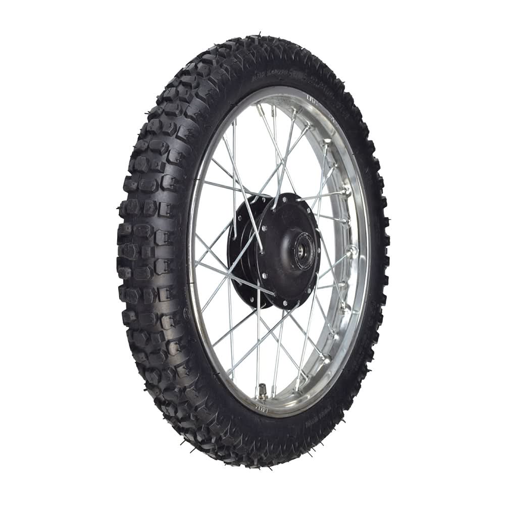 Close-up of a 14 (2.50-14) front wheel assembly for dirt bikes, showing the knobby tire tread and rim designed for 50cc, 70cc, and 90cc Chinese dirt bikes.
