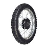 Close-up of a 14 (2.50-14) front wheel assembly for dirt bikes, showing the knobby tire tread and rim designed for 50cc, 70cc, and 90cc Chinese dirt bikes.