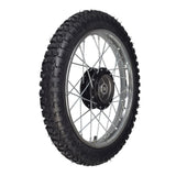 Close-up of a 14 (2.50-14) front wheel assembly for dirt bikes, featuring a knobby tire, inner tube, and wheel bearings, suitable for various 50cc, 70cc, and 90cc dirt bikes.
