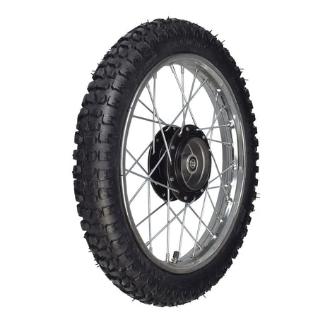 Close-up of a 14 (2.50-14) front wheel assembly for dirt bikes, featuring a knobby tire, inner tube, and wheel bearings, suitable for various 50cc, 70cc, and 90cc dirt bikes.