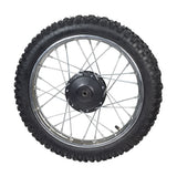 Close-up of a 14 (2.50-14) Front Wheel Assembly for Dirt Bikes, showcasing the knobby tire, rim, spokes, and wheel bearings, designed for various 50cc to 90cc Chinese dirt bikes.