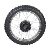 Close-up of the 14 (2.50-14) Front Wheel Assembly for Dirt Bikes (Blemished), showing the rim, knobby tire, spokes, and wheel bearings, commonly used on 50cc, 70cc, & 90cc Chinese dirt bikes.