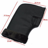 Black Hand Mitts for Snowmobiles with fur lining, designed to attach over handlebars, providing warmth and protection while riding in cold climates.