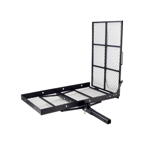 500 lb. Capacity Steel Scooter & Power Chair Carrier & Ramp (Blemished) featuring a black metal frame with a grid, designed for easy loading and transporting of scooters and power chairs.